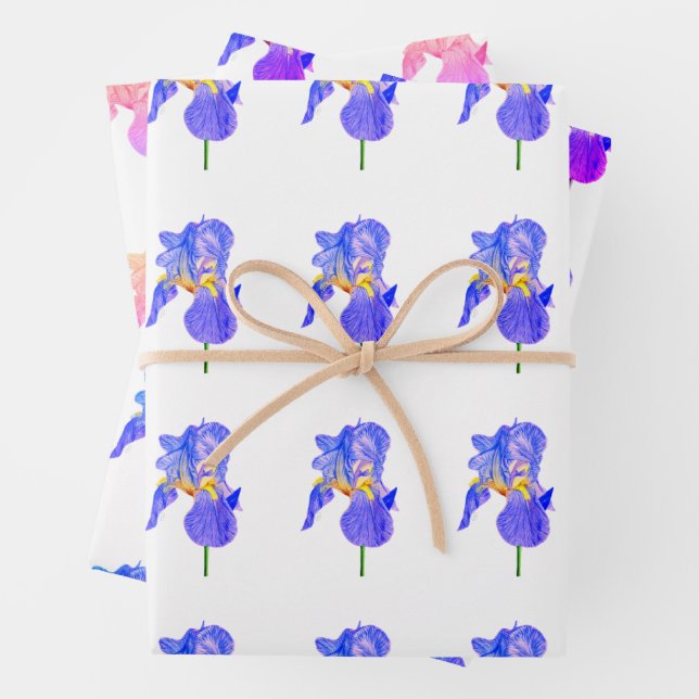 Watercolour Blue Iris Gift Wrapping Paper Sheets (In situ)
