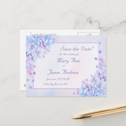 Watercolour Blue Purple Lilac Flower Save the Date Announcement Postcard