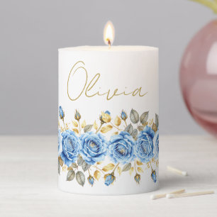 Watercolour Blue Roses & Gold Leaves Pillar Candle