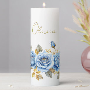 Watercolour Blue Roses & Gold Leaves Pillar Candle