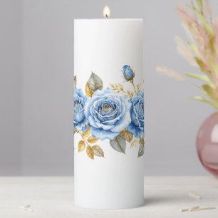 Watercolour Blue Roses & Gold Leaves Pillar Candle