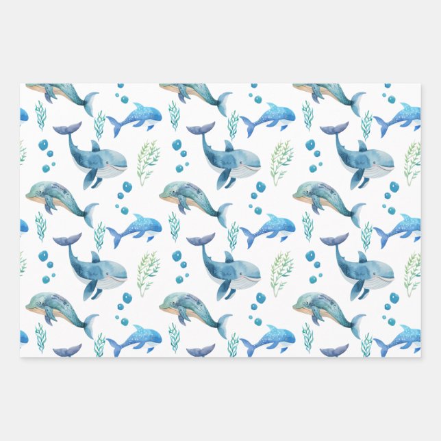 Watercolour Blue Whale Seamless Pattern  Wrapping Paper Sheets (Front)