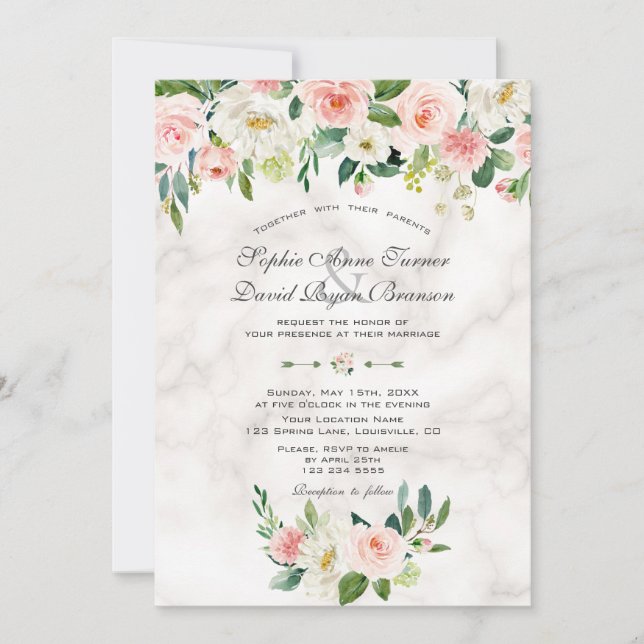 Watercolour Blush Cream Flowers Marble Wedding Invitation (Front)