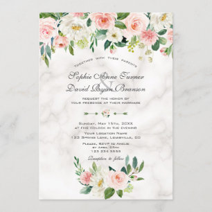 Watercolour Blush Cream Flowers Marble Wedding Invitation
