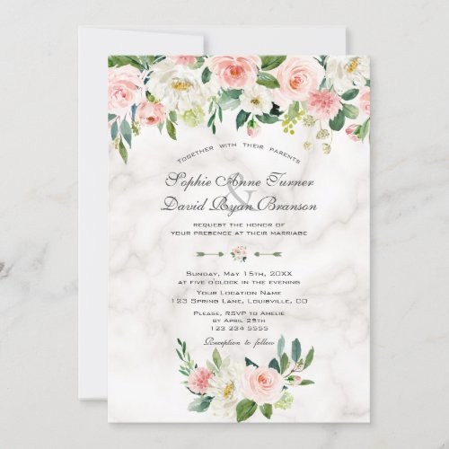 Watercolour Blush Cream Flowers Marble Wedding Invitation