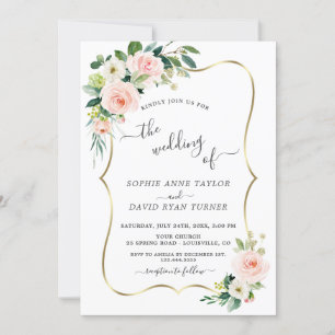 Watercolour Blush Flowers Gold Calligraphy Wedding Invitation