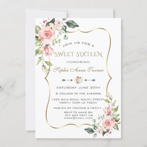 Watercolour Blush Flowers Gold Frame Sweet 16 Invitation