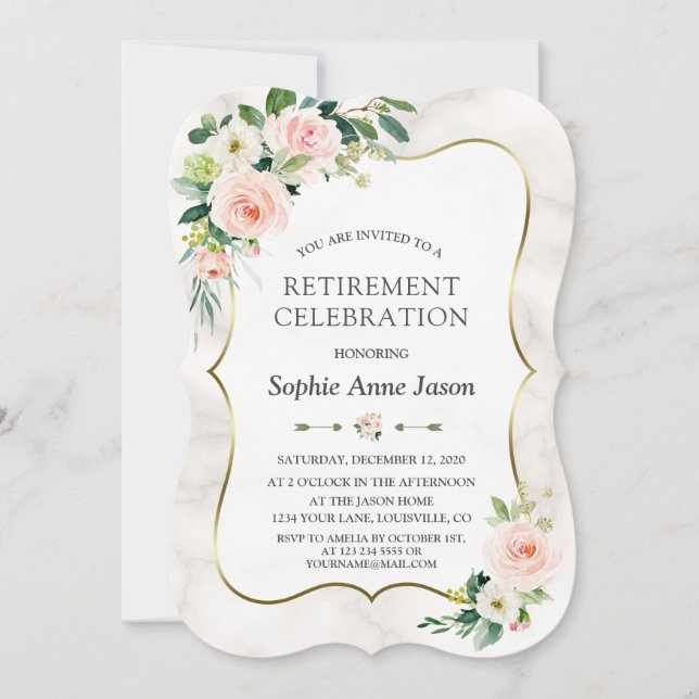 Watercolour Blush Flowers Gold Retirement Party Invitation (Front)