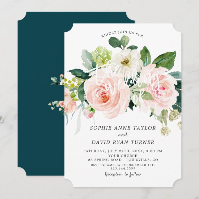 Watercolour Blush Ivory Floral Deep Aqua Wedding Invitation (Front/Back)