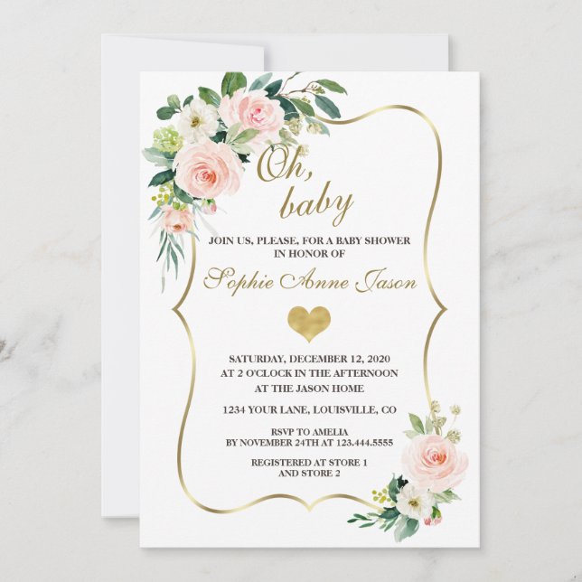 Watercolour Blush Ivory Flowers Gold Baby Shower Invitation (Front)