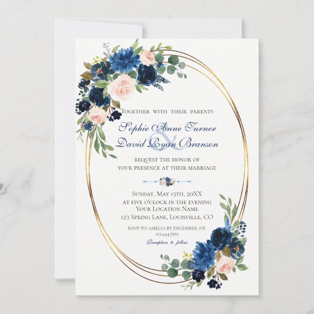 Watercolour Blush Navy Blue Floral Bloom Wedding Invitation (Front)