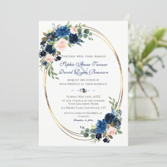 Watercolour Blush Navy Blue Floral Bloom Wedding Invitation | Zazzle