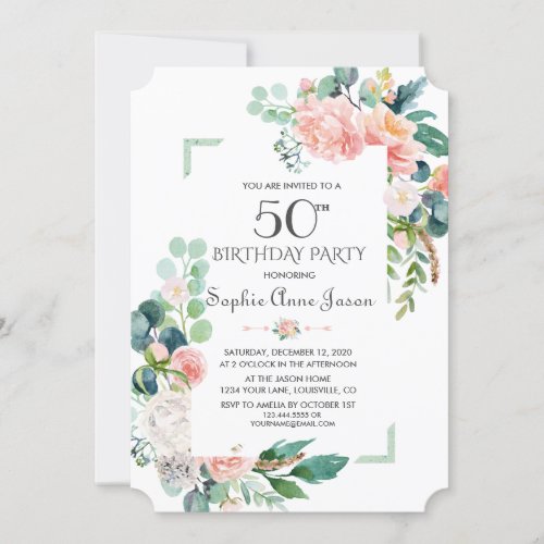 Watercolour Blush Peonies Frame 50th Birthday Invitation