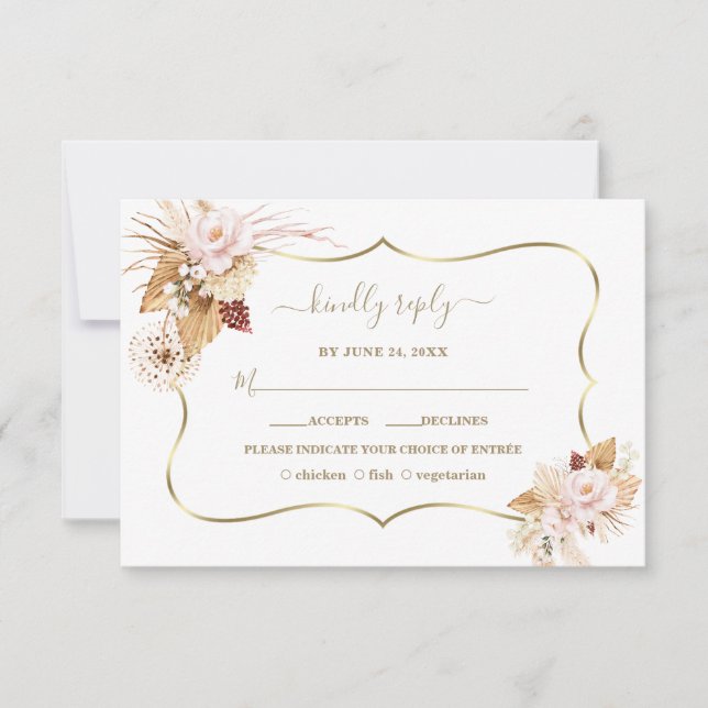 Watercolour Blush Roses Pampas Grass Gold Wedding RSVP Card (Front)