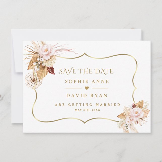 Watercolour Blush Roses Pampas Grass Gold Wedding Save The Date (Front)