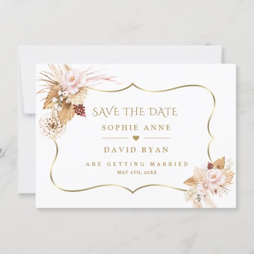 Watercolour Blush Roses Pampas Grass Gold Wedding Save The Date