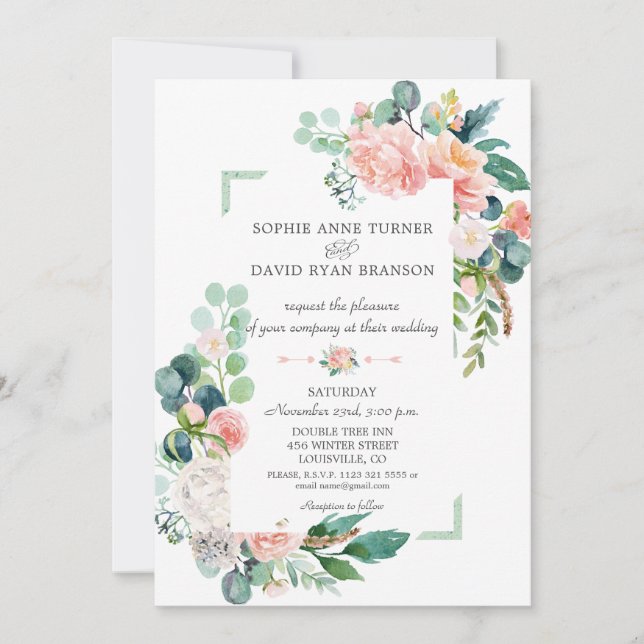 Watercolour Blush White Peonies Frame Wedding Invitation (Front)