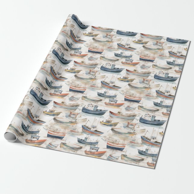 Watercolour Boats Wrapping Paper (Unrolled)