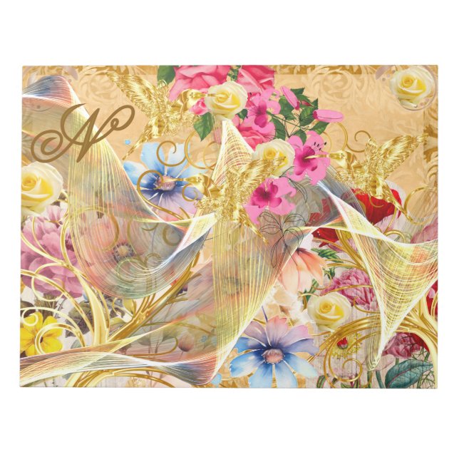 Watercolour Botanical Gold Abstract Bird Rose Name Notepad (Front)