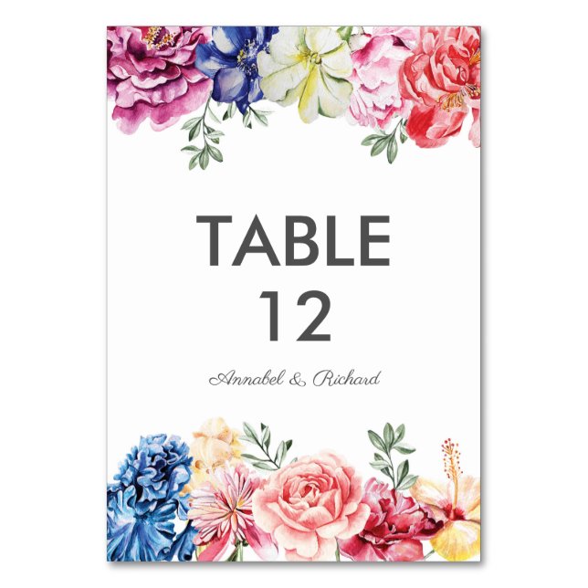 Watercolour Bright Floral Wedding table cards (Front)