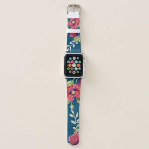 Watercolour Bright Red Poppies Light Green Leaves Apple Watch Band