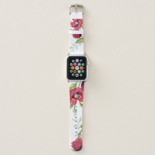 Watercolour Bright Red Poppies Light Green Leaves  Apple Watch Band