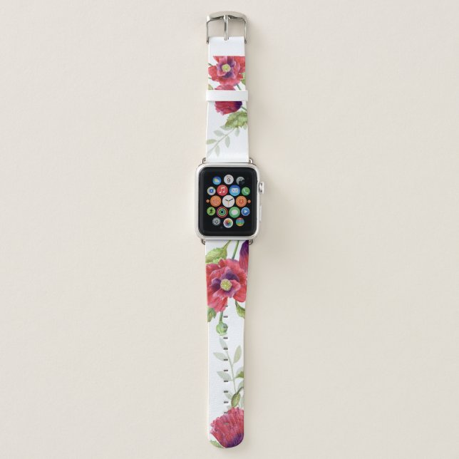 Watercolour Bright Red Poppies Light Green Leaves  Apple Watch Band (Front)
