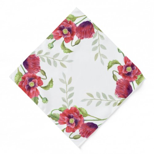 Watercolour Bright Red Poppies Light Green Leaves Bandana