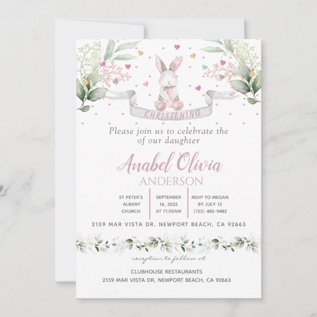 Watercolour Bunny  Baby Girl Baptism Invitation (Front)