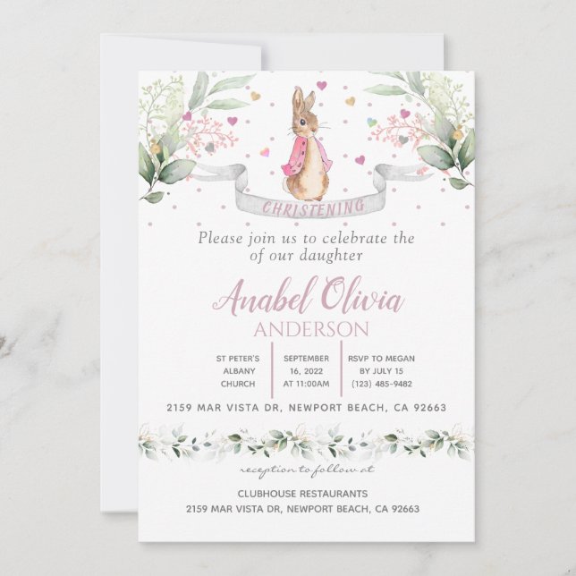 Watercolour Bunny  Baby Girl Baptism Invitation (Front)