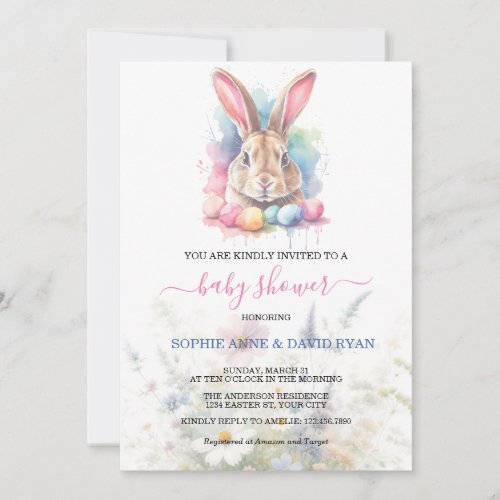 Watercolour Bunny Eggs Wildflowers Baby Shower Invitation