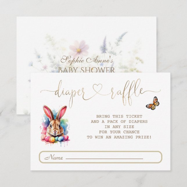 Watercolour Bunny Eggs Wildflowers Diaper Raffle Enclosure Card (Front/Back)
