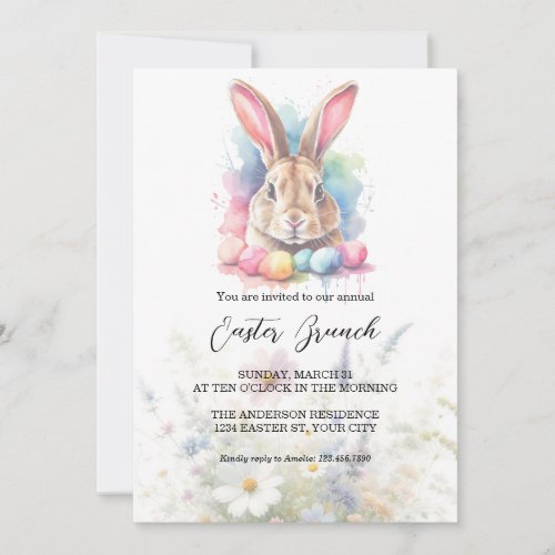 Watercolour Bunny Eggs Wildflowers Easter Brunch  Invitation