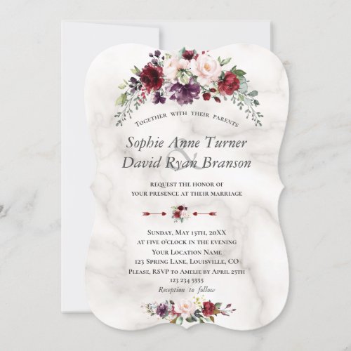 Watercolour Burgundy Blush Flowers Marble Wedding Invitation