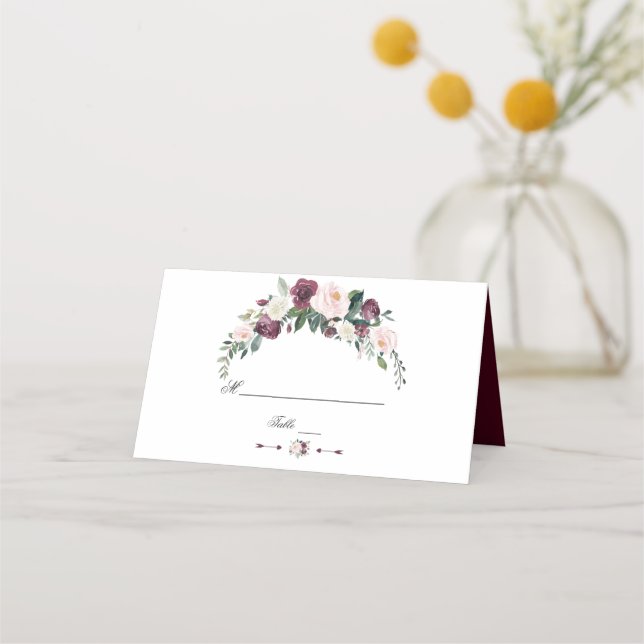 Watercolour Burgundy Blush Ivory Floral Wedding Place Card (Back)