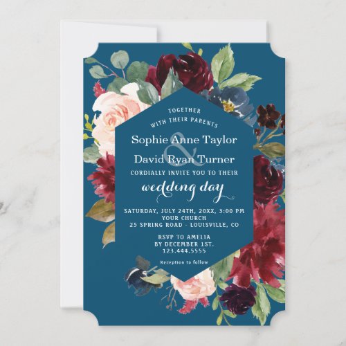 Watercolour Burgundy Pink Blue Floral Wedding Invitation