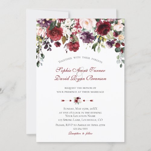 Watercolour Burgundy Plum Blush Flowers Wedding Invitation