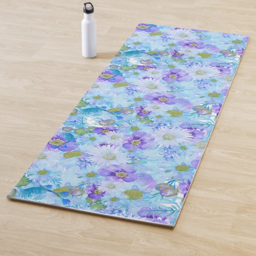 Watercolour Bush Wildflower Romantic Blue Yoga Mat