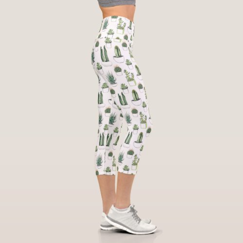 Watercolour Cacti  Succulent Capri Leggings