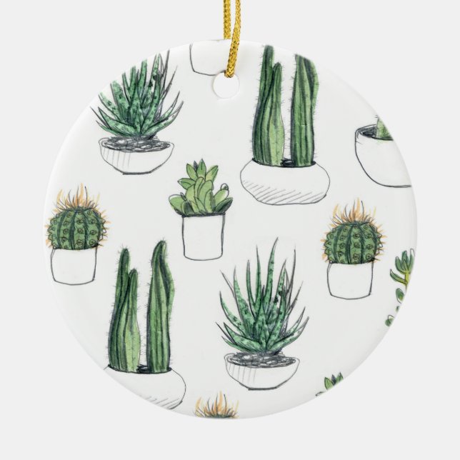 Watercolour Cacti & Succulent Ceramic Ornament (Front)