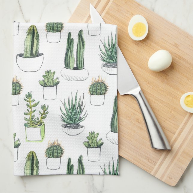 Watercolour Cacti & Succulent Kitchen Towel (Quarter Fold)
