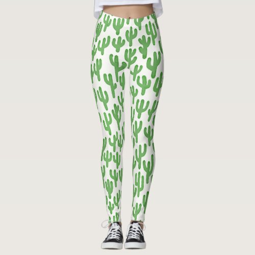 Watercolour Cactus Pattern _ Green Leggings