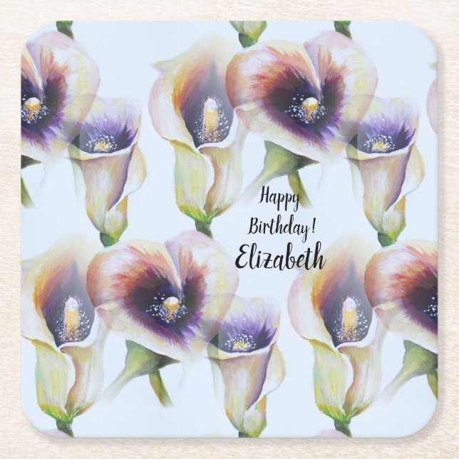 Watercolour Calla Lilies in Gradient Colors Square Paper Coaster (Front)