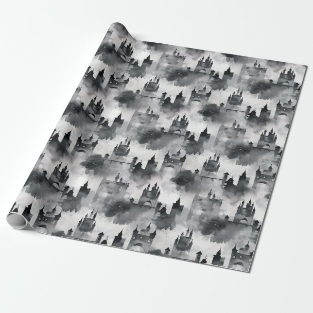 Watercolour Castles Wrapping Paper - black & white (Unrolled)
