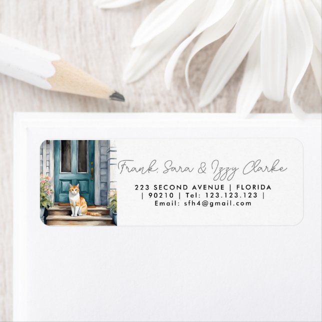 watercolour cat pet front door elegant wedding label (Insitu)
