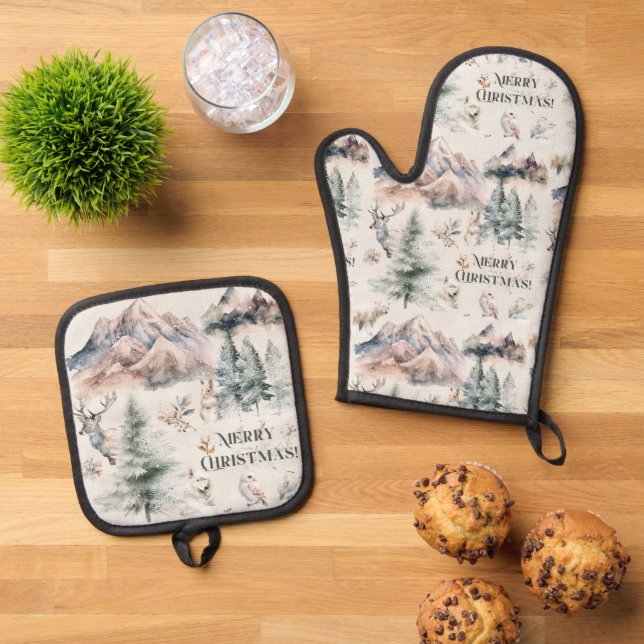 Watercolour Christmas Oven Mitt & Pot Holder Set (Top Down)