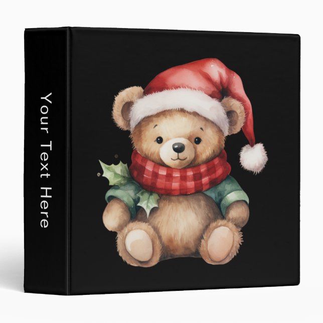 Watercolour Christmas Teddy Bear 3 Ring Binder (Front/Spine)