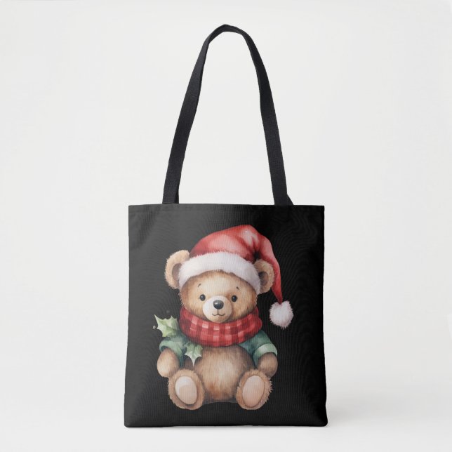 Watercolour Christmas Teddy Bear Tote Bag (Front)