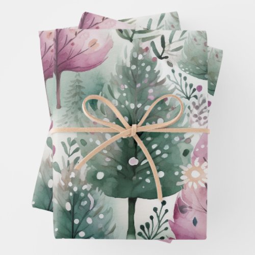 Watercolour Christmas Tree  Pink Purple Green  Wrapping Paper Sheets