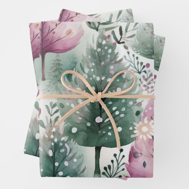Watercolour Christmas Tree  Pink Purple Green  Wrapping Paper Sheets (In situ)